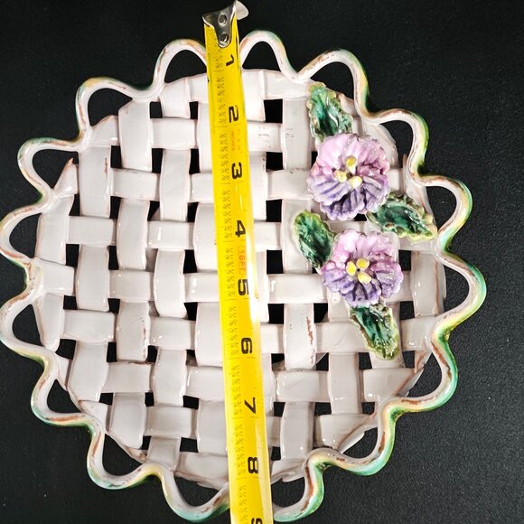Vintage Italy Majolica Handcrafted Open Weave Ceramic Shallow Bowl Purple Floral - Picture 11 of 12